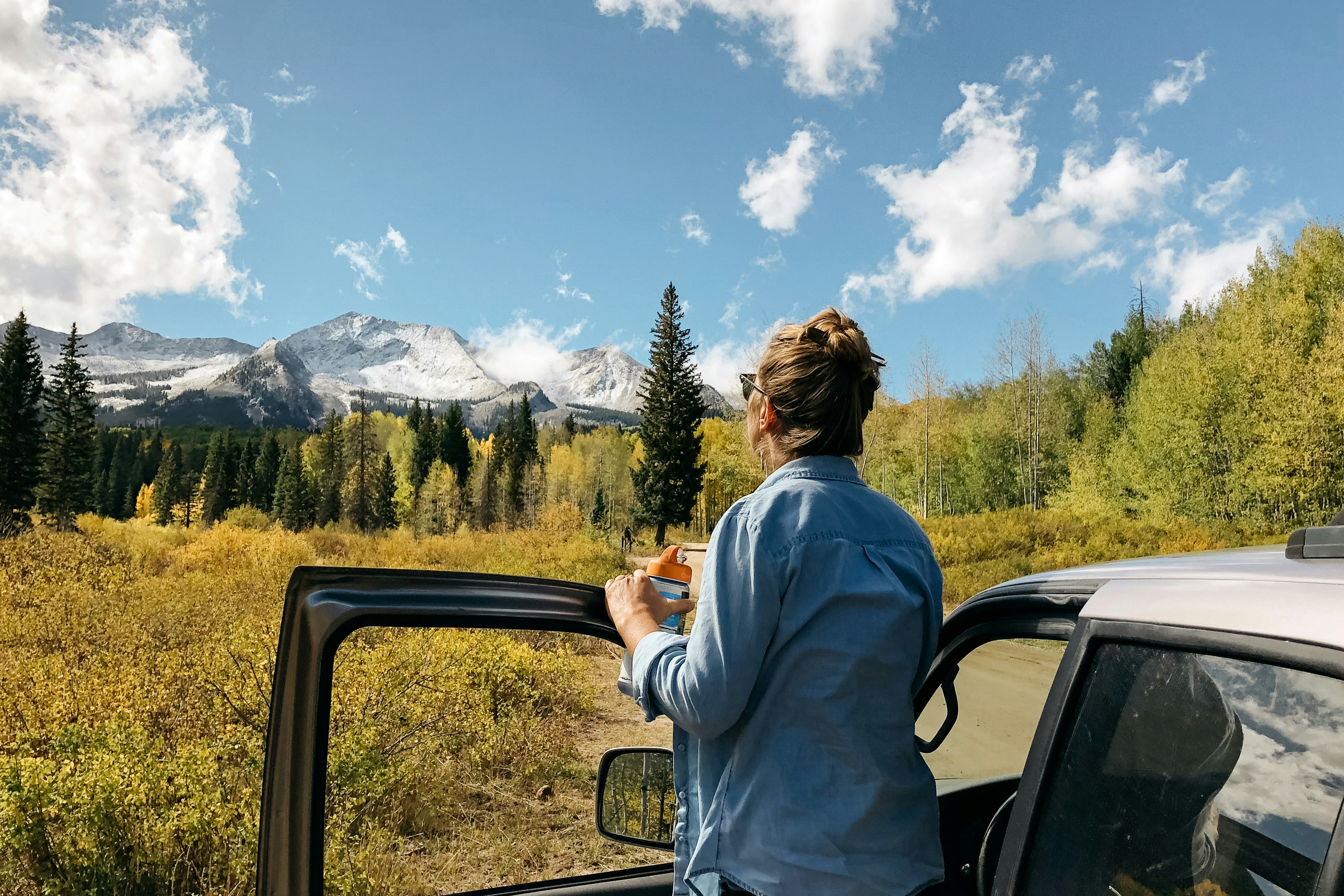 woman standing near gray vehicle